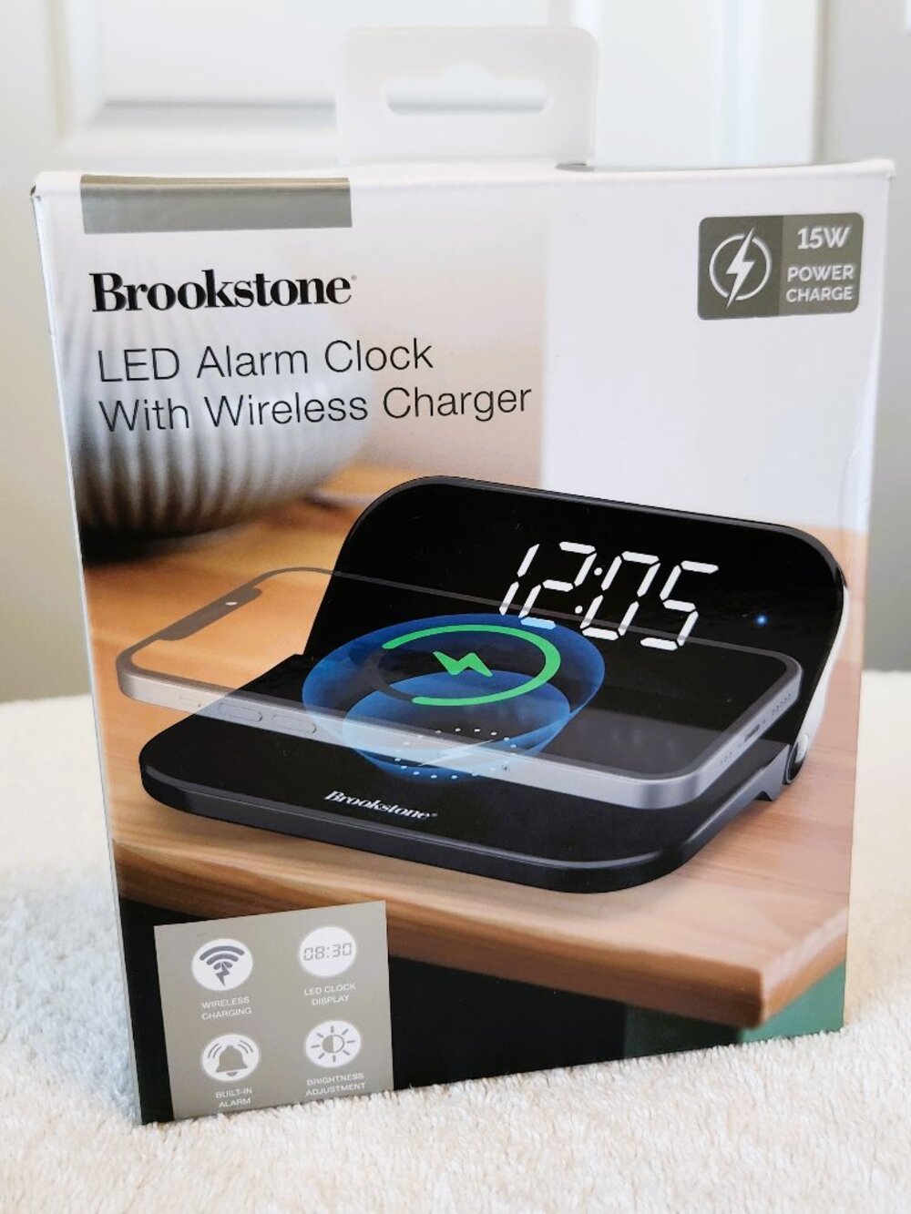 Brookstone LED Alarm Clock w/ 15W Wireless Charger NEW Sealed Clock Date Temp